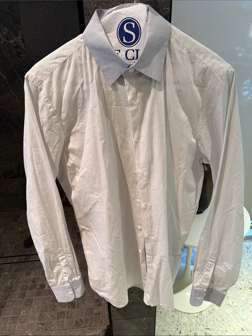 Prada White and Light Gray Pinstripe Dress Shirt with Contrast Collar